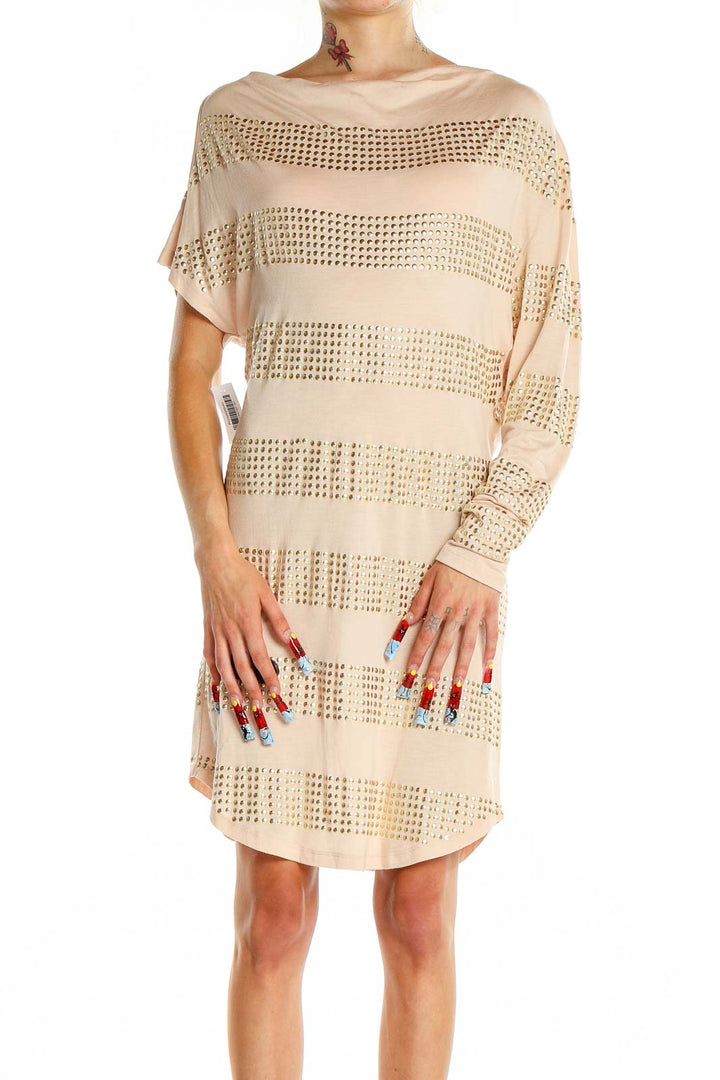 Front view of Haute Hippie beige Modal dress with studded stripes and asymmetrical sleeve