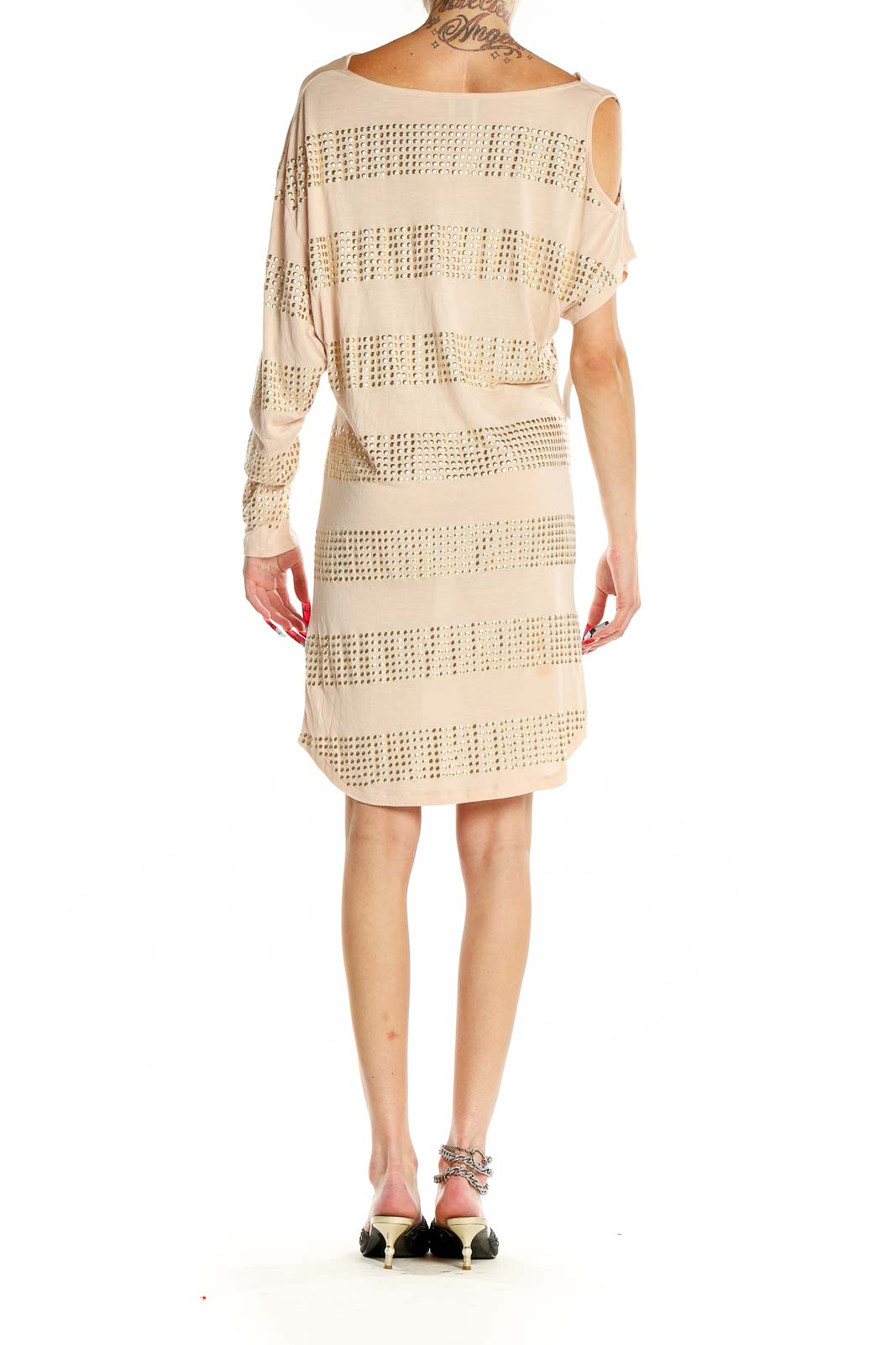 Back view of Haute Hippie beige Modal dress showing studded stripe pattern