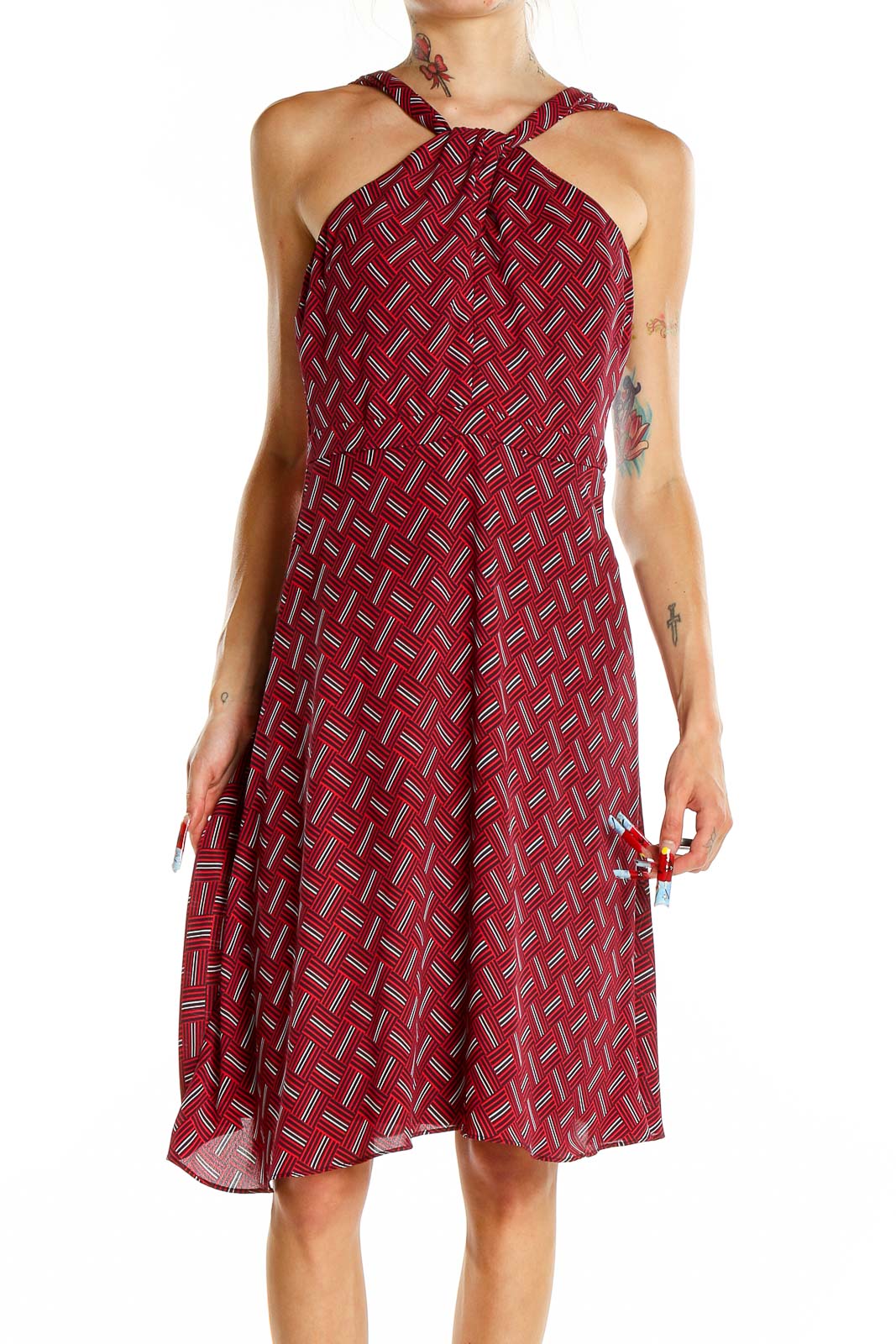 Front view of red geometric print halter dress from Banana Republic