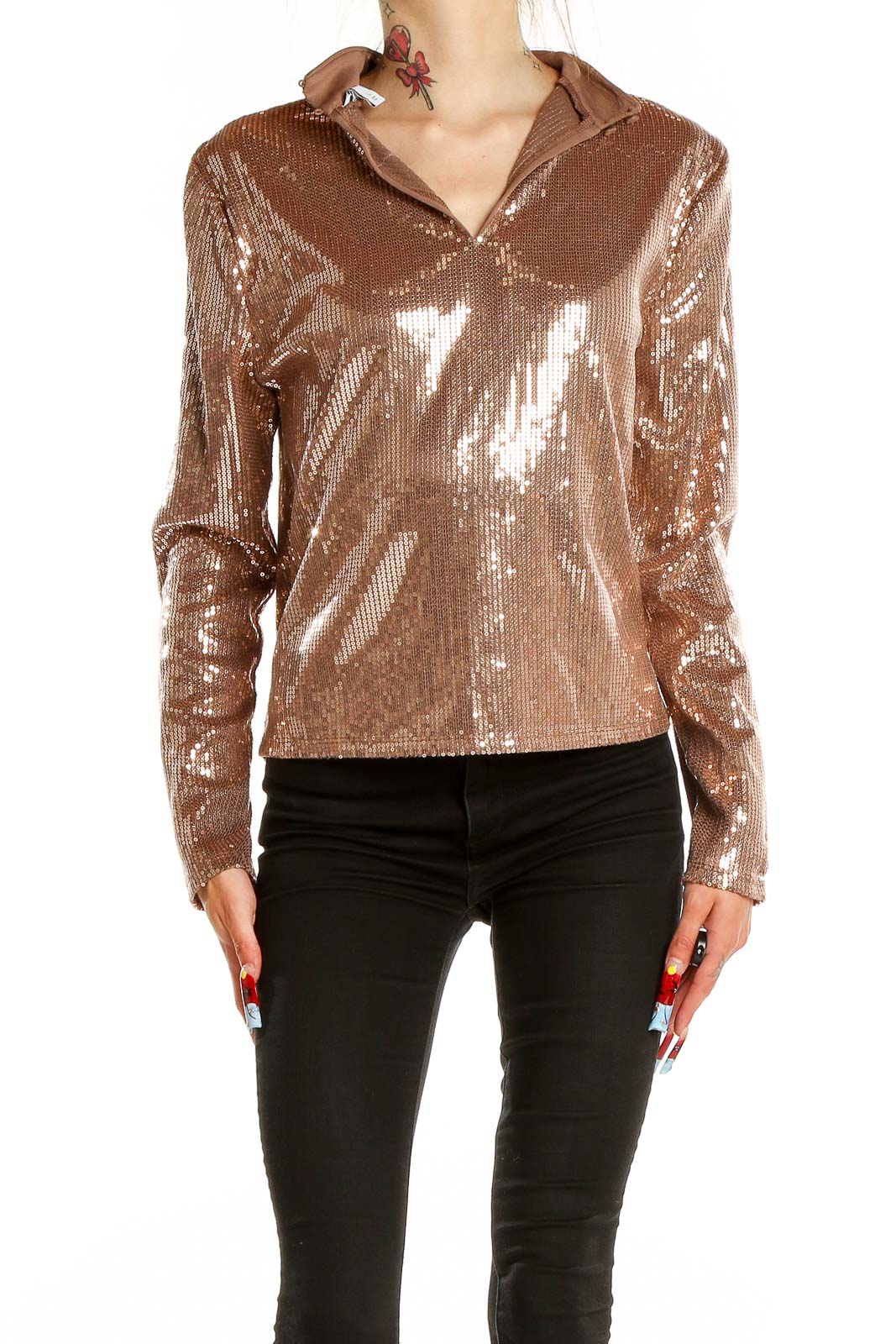 Front view of Rose Gold Sequin Collared Long Sleeve Top from Nine West