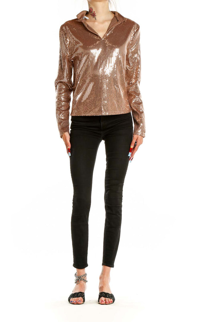 Front view of Rose Gold Sequin Collared Long Sleeve Top from Nine West