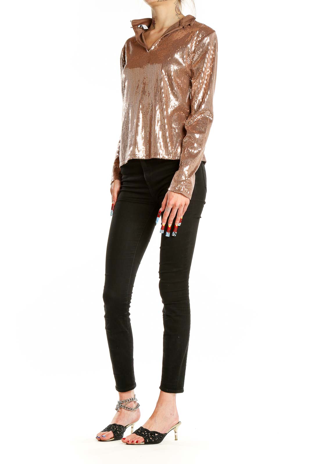 Front view of Rose Gold Sequin Collared Long Sleeve Top from Nine West