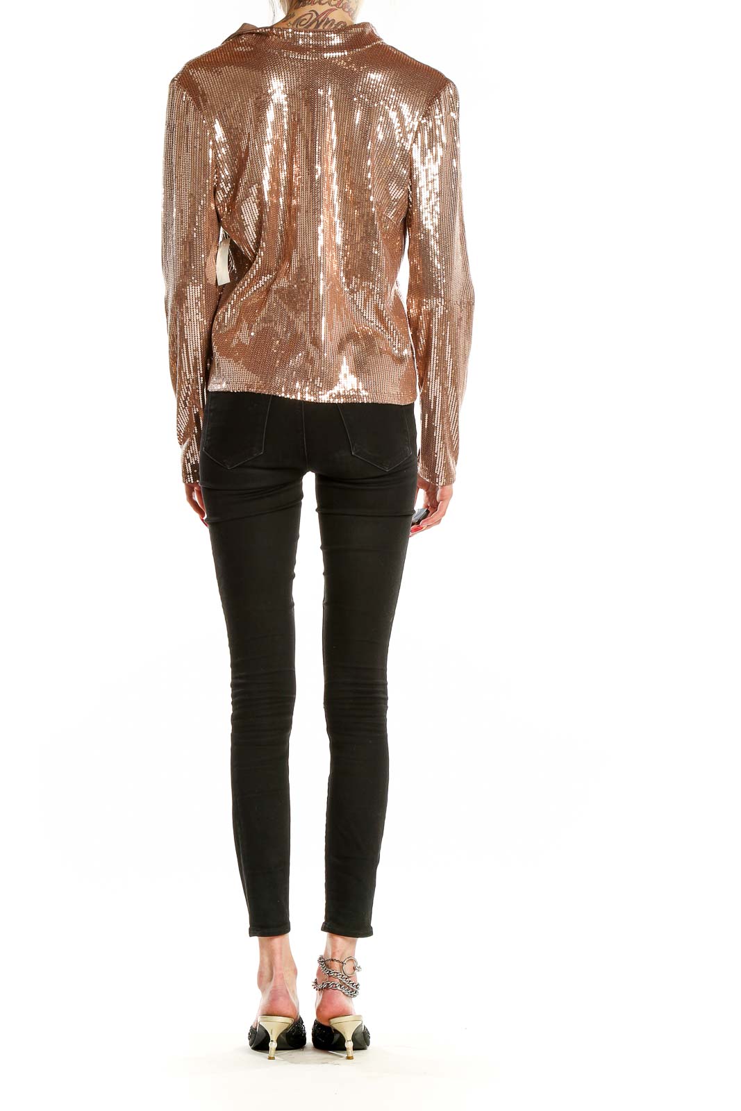 Back view of Rose Gold Sequin Collared Long Sleeve Top from Nine West