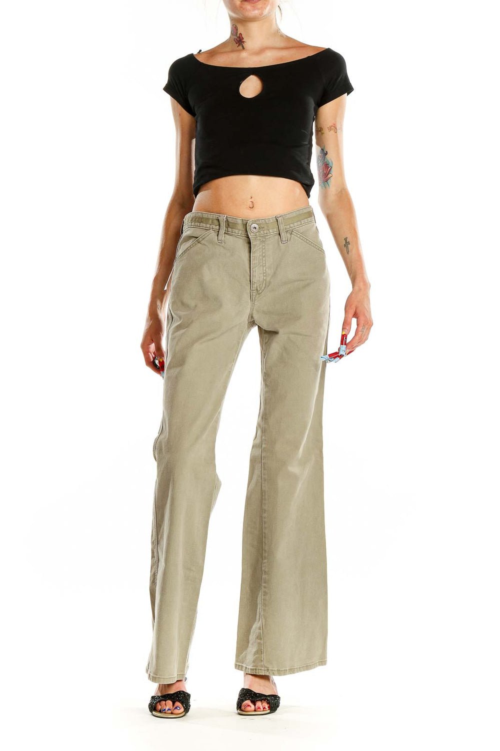 Front view of Gap khaki wide-leg pants on model