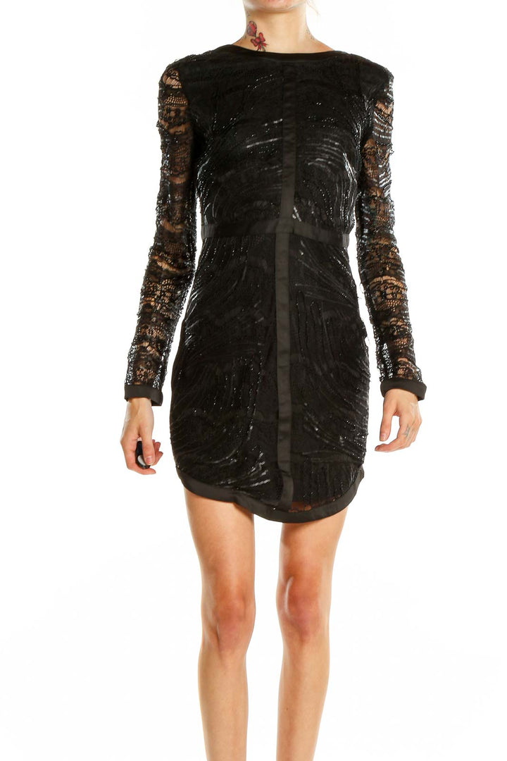 Front view of Adelyn Rae black sequin lace long sleeve mini dress