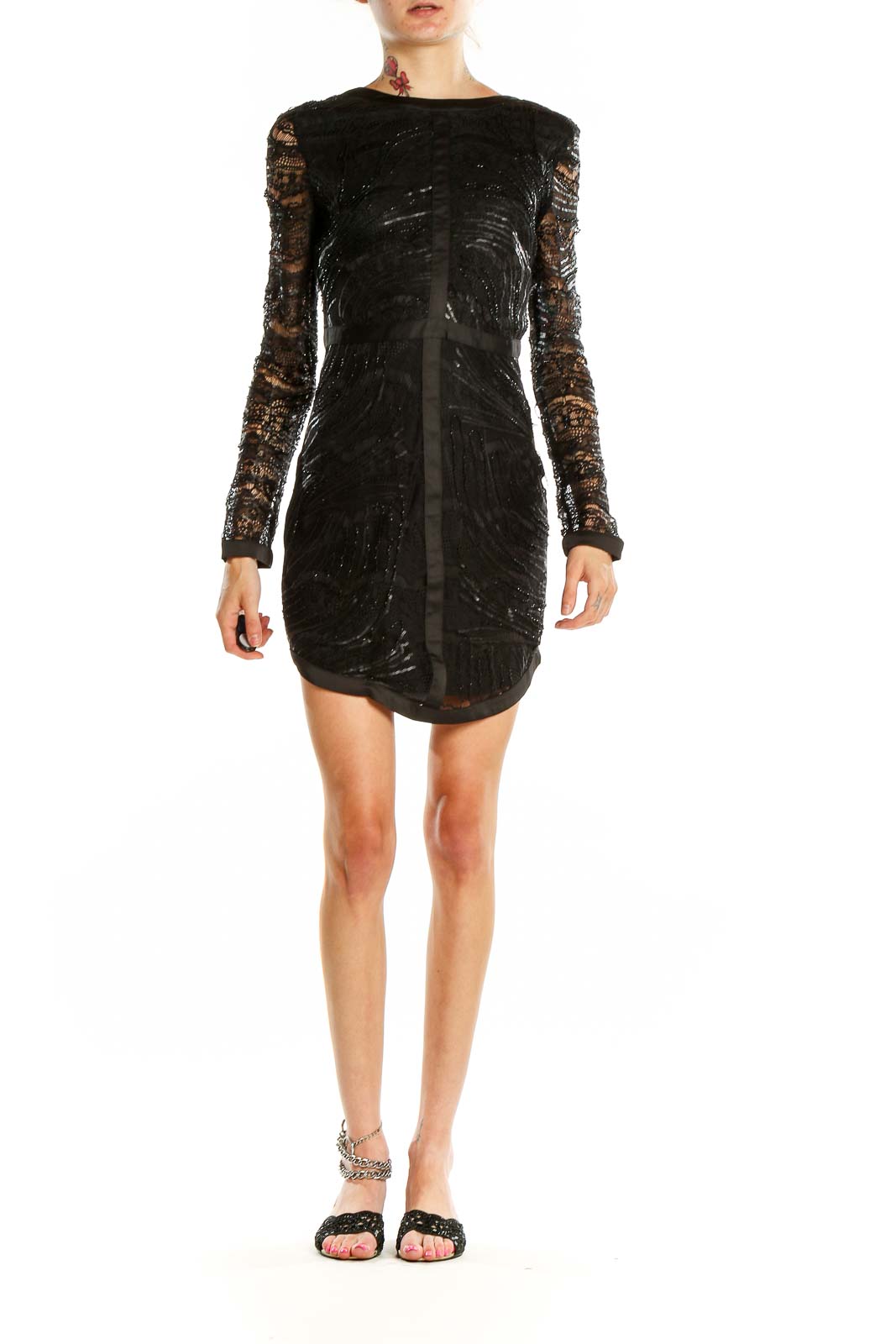 Front view of Adelyn Rae black sequin lace long sleeve mini dress