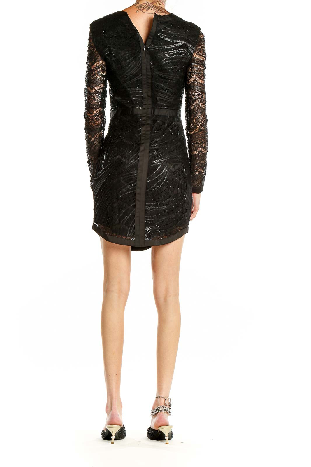 Back view of Adelyn Rae black sequin lace long sleeve mini dress