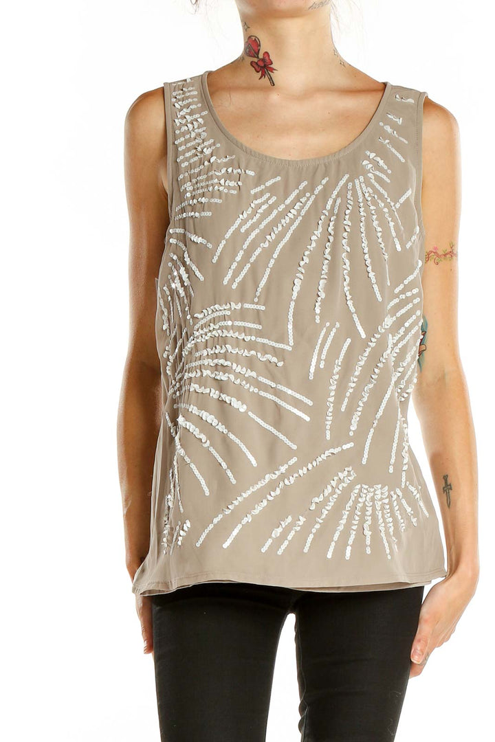 Front view of beige sequined sleeveless top from Coldwater Creek