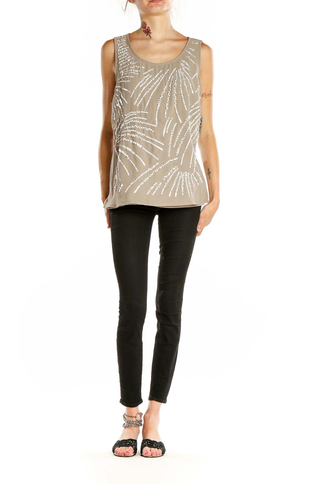 Front view of beige sequined sleeveless top from Coldwater Creek