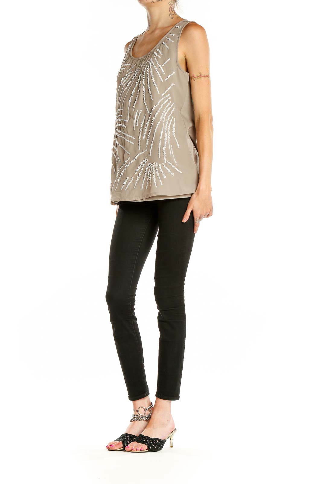 Front view of beige sequined sleeveless top from Coldwater Creek