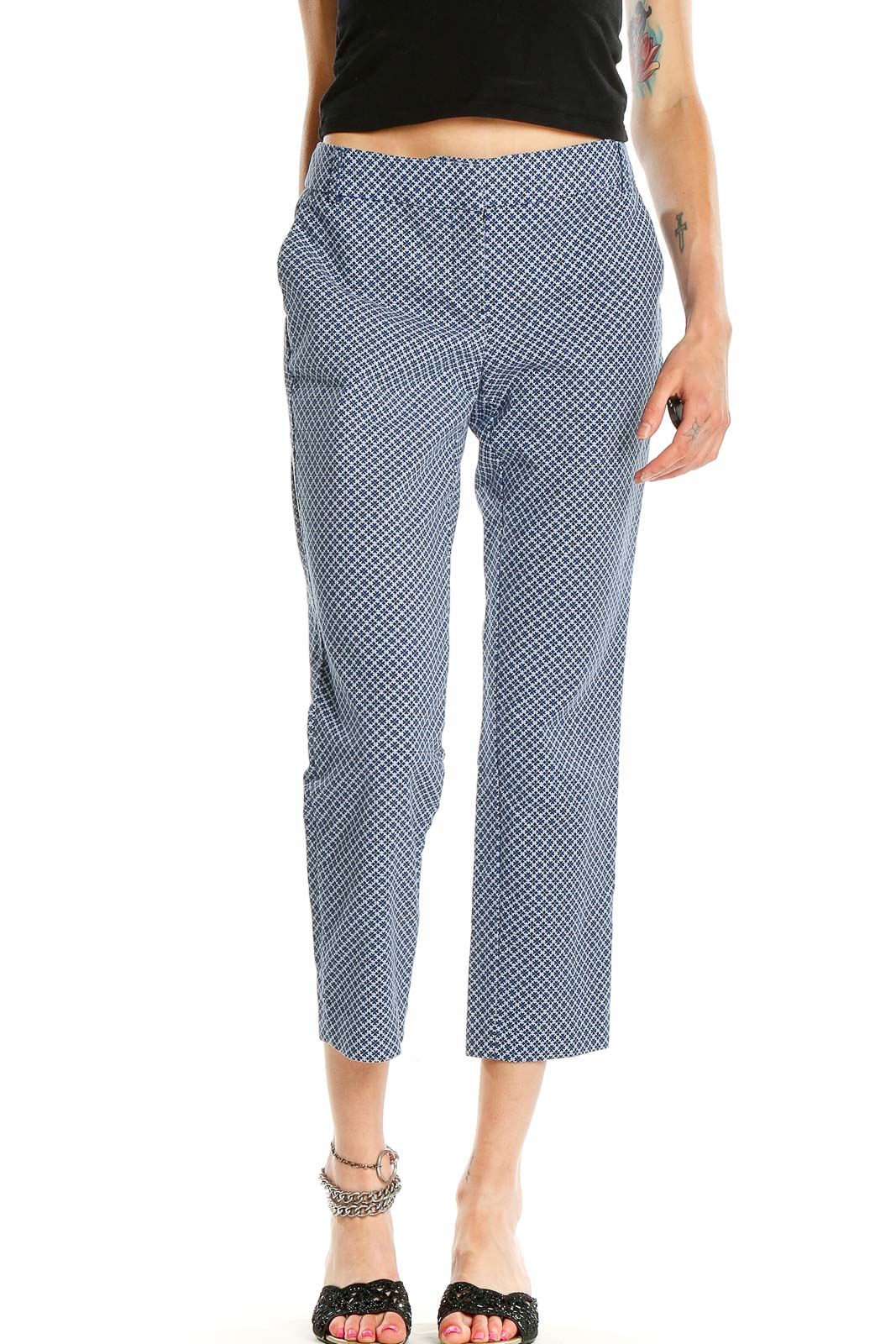 Front view of Cynthia Rowley blue geometric print cropped pants