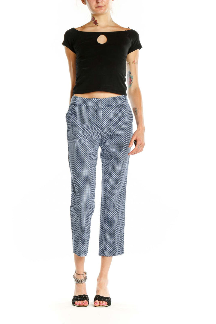 Front view of Cynthia Rowley blue geometric print cropped pants