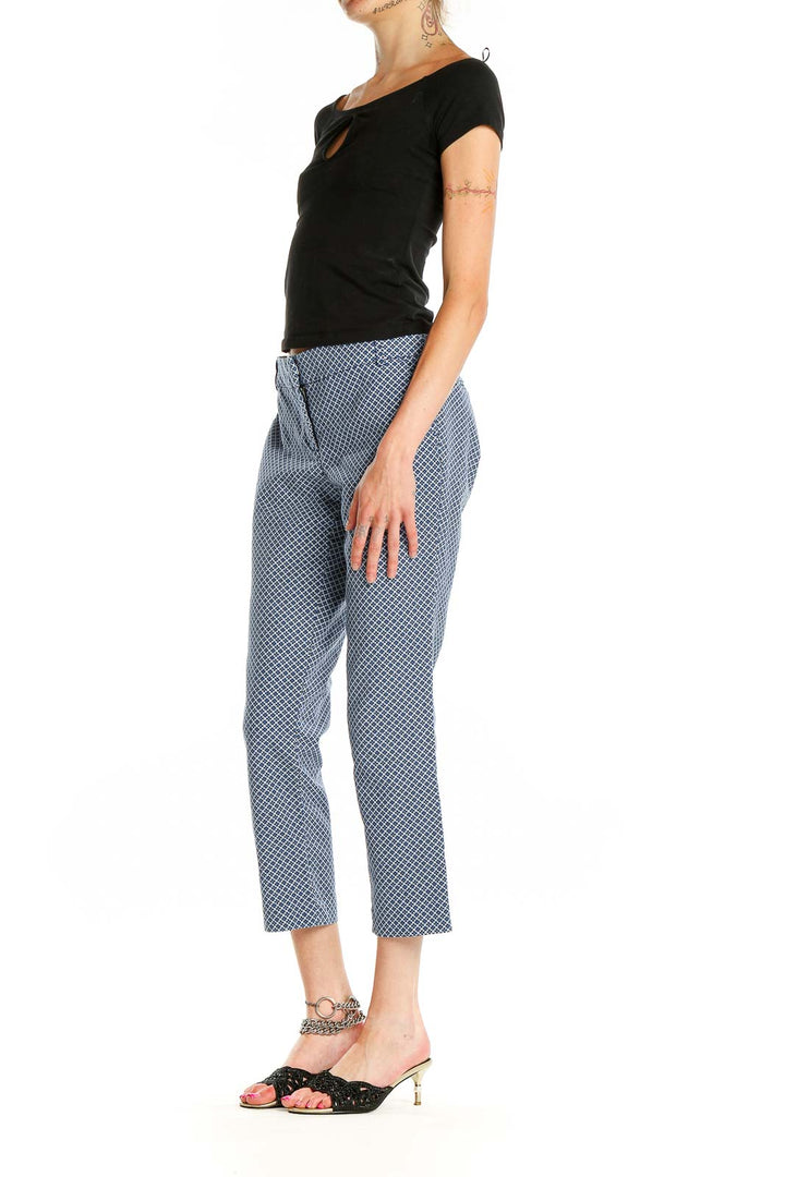 Front view of Cynthia Rowley blue geometric print cropped pants