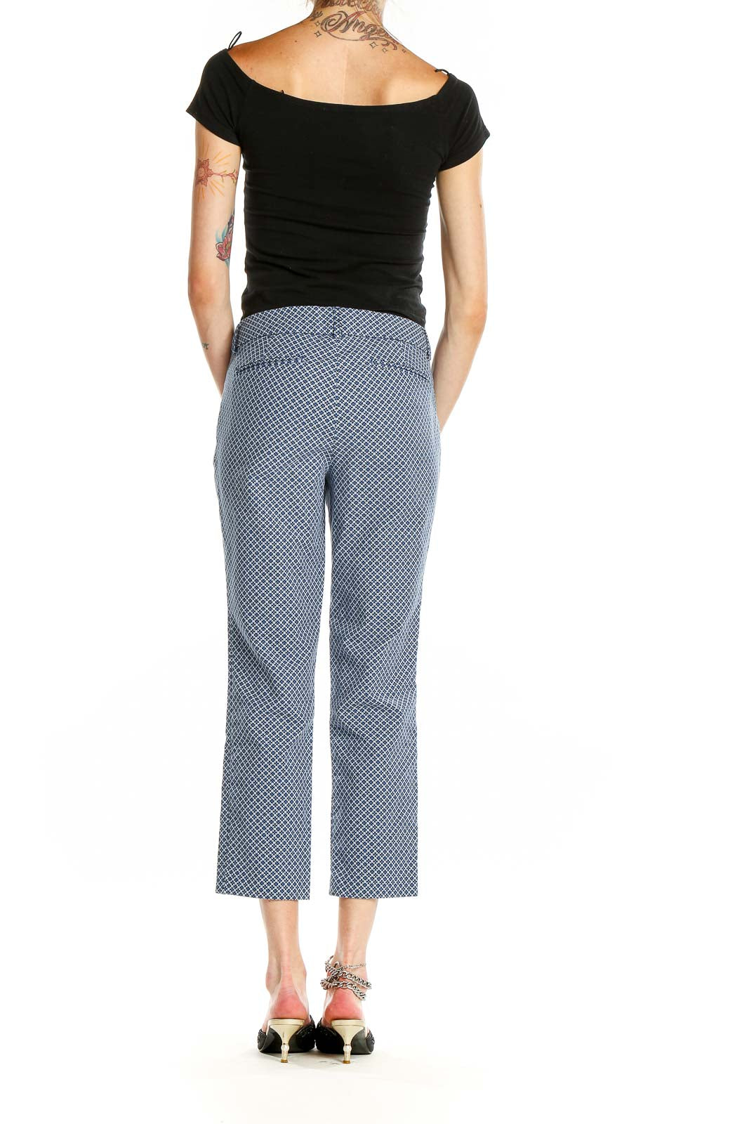 Back view of Cynthia Rowley blue geometric print cropped pants