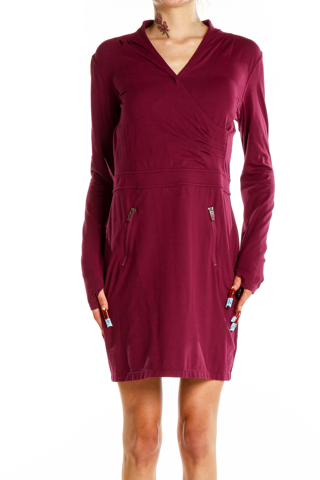 Front view of burgundy Athleta wrap-style athletic dress