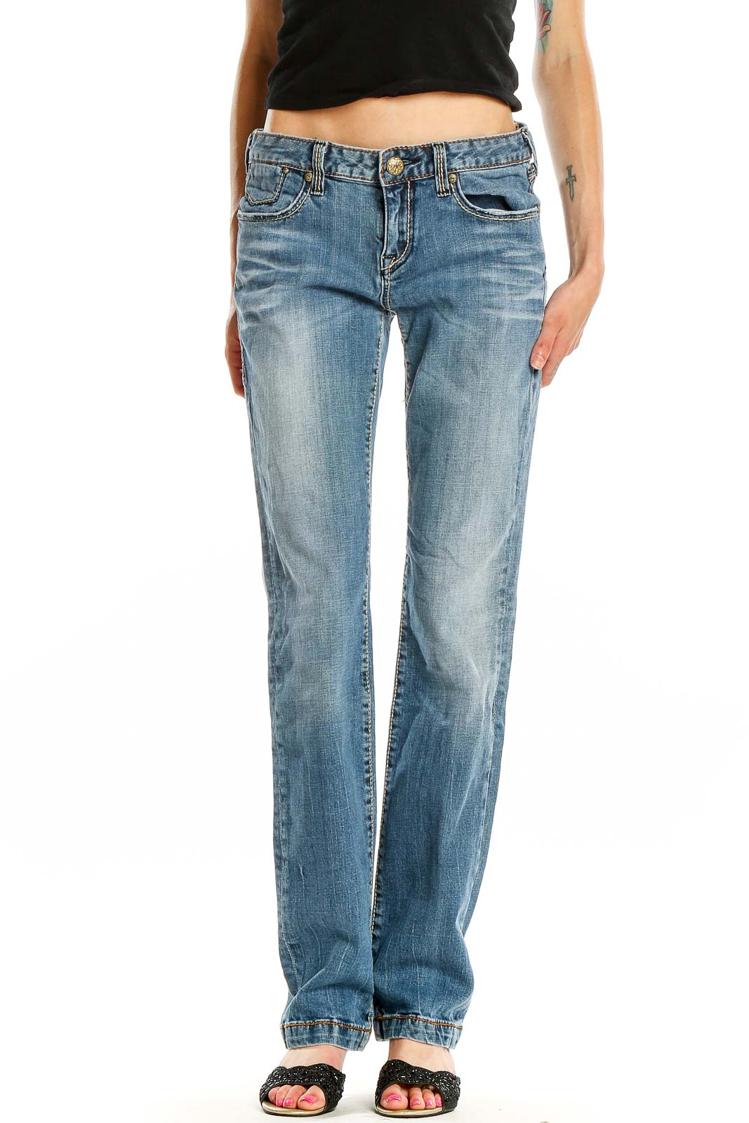 Front view of ReRock for Express light blue distressed bootcut jeans