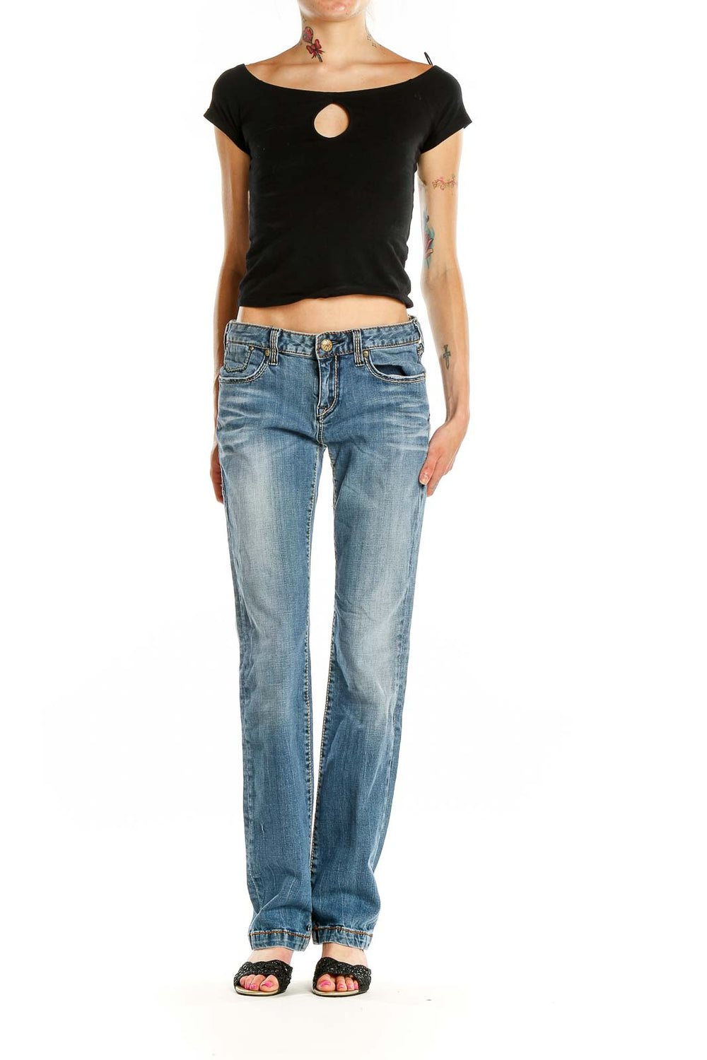 Front view of ReRock for Express light blue distressed bootcut jeans