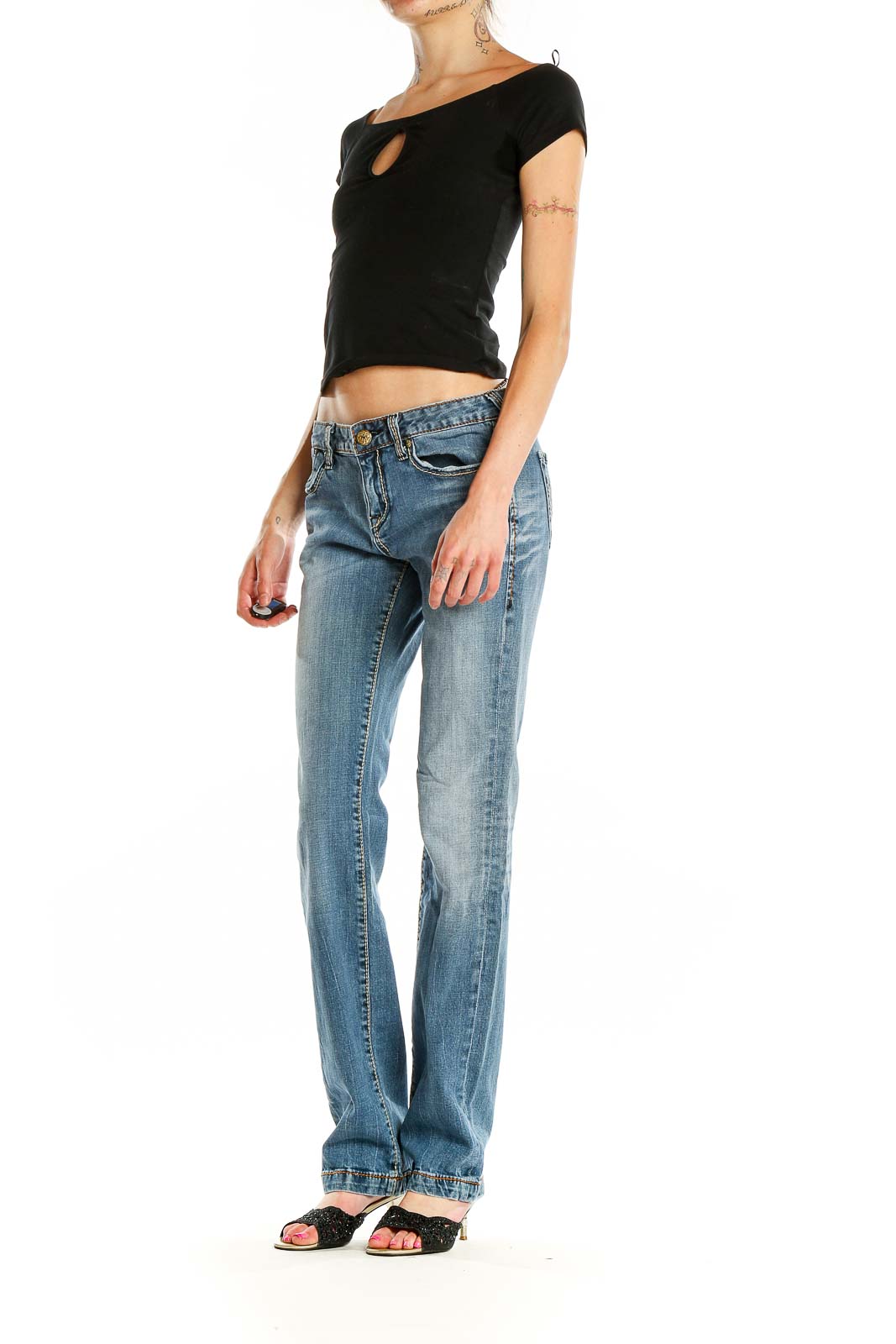 Front view of ReRock for Express light blue distressed bootcut jeans