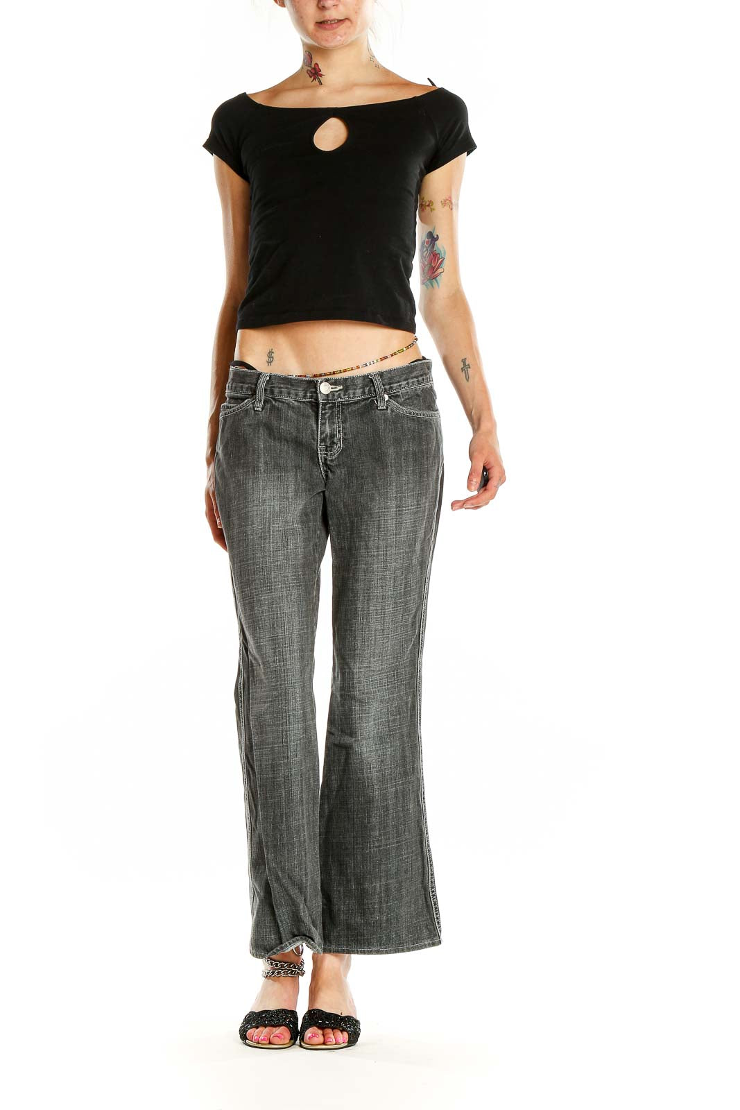 Front view of Gap gray faded wide-leg jeans on model