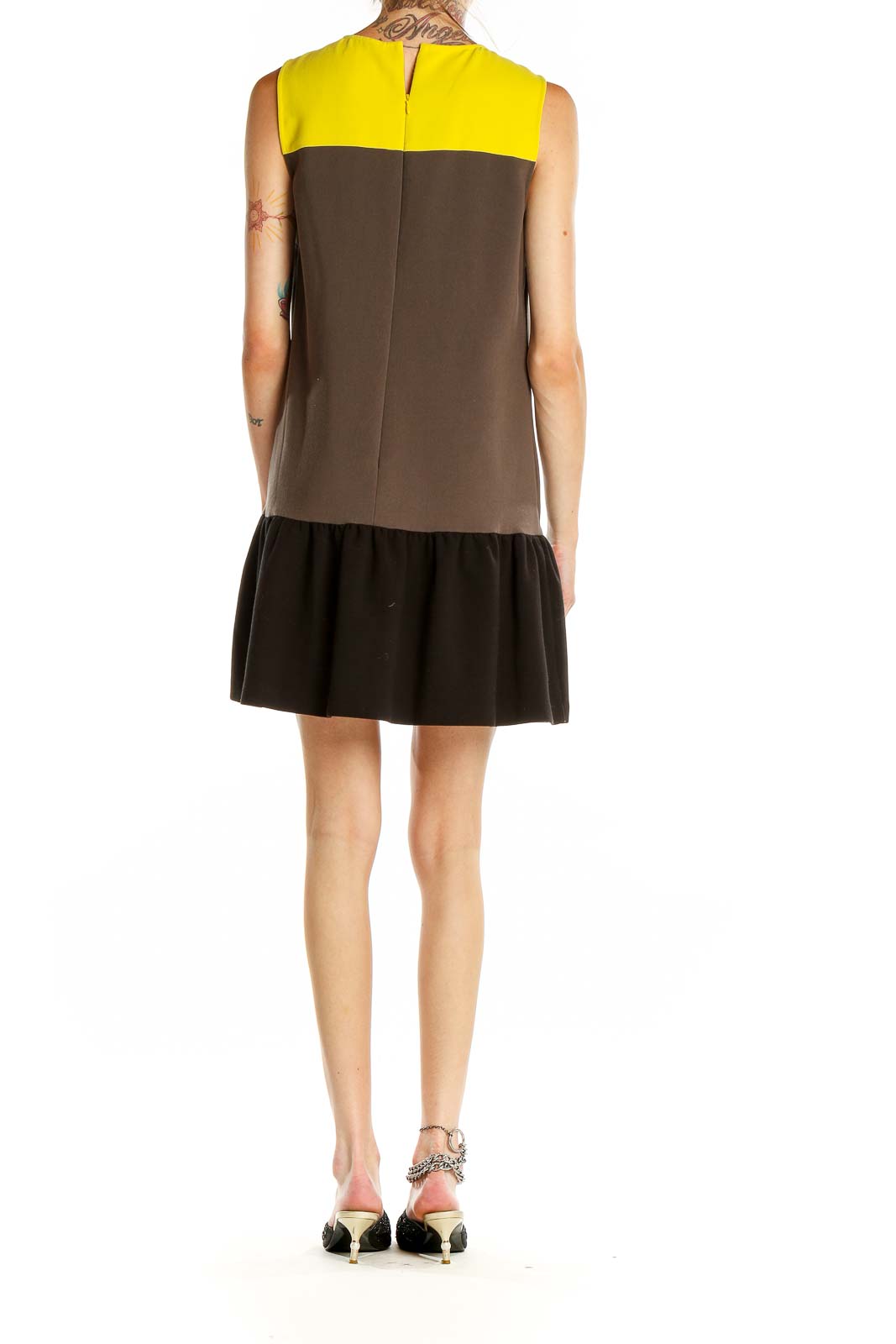 Back view of Ann Taylor LOFT color-block mini dress showing ruffled black hem