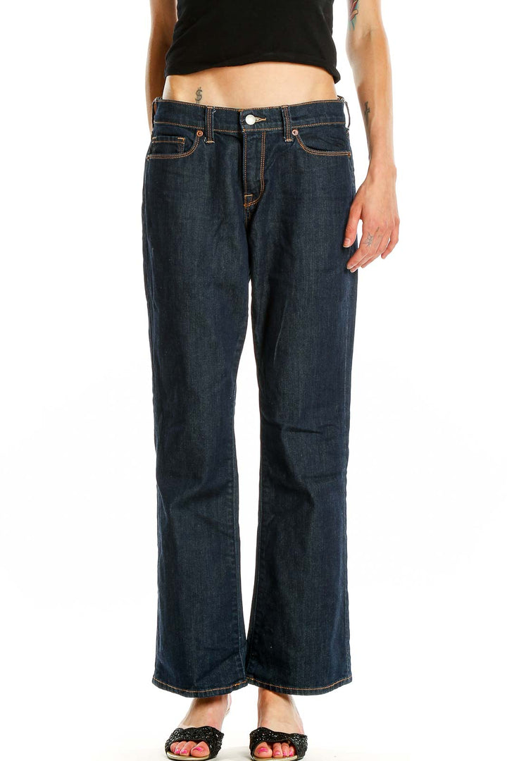 Front view of Lucky Brand dark blue bootcut jeans on model