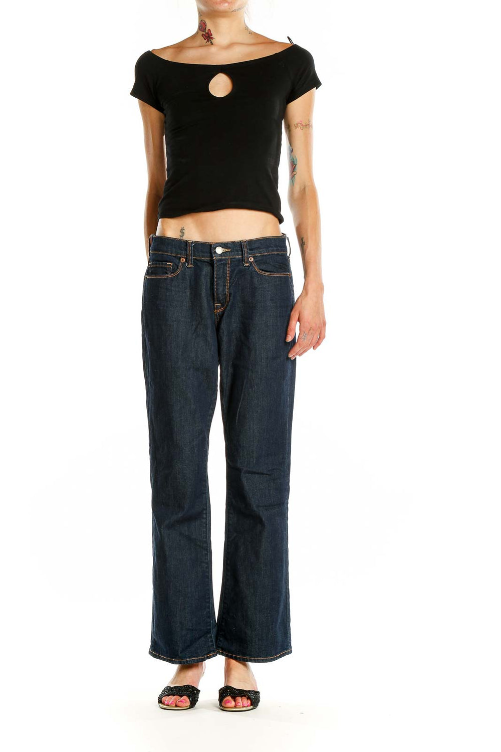 Front view of Lucky Brand dark blue bootcut jeans on model