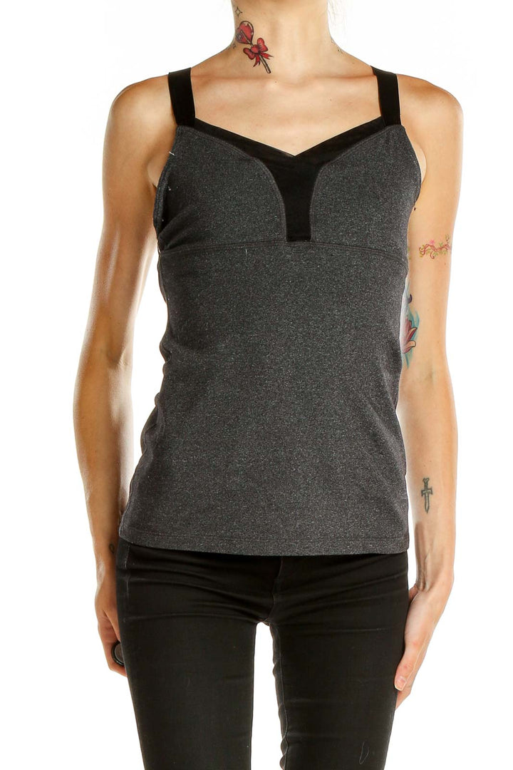 Front view of charcoal gray Beyond Yoga athletic tank top with black trim