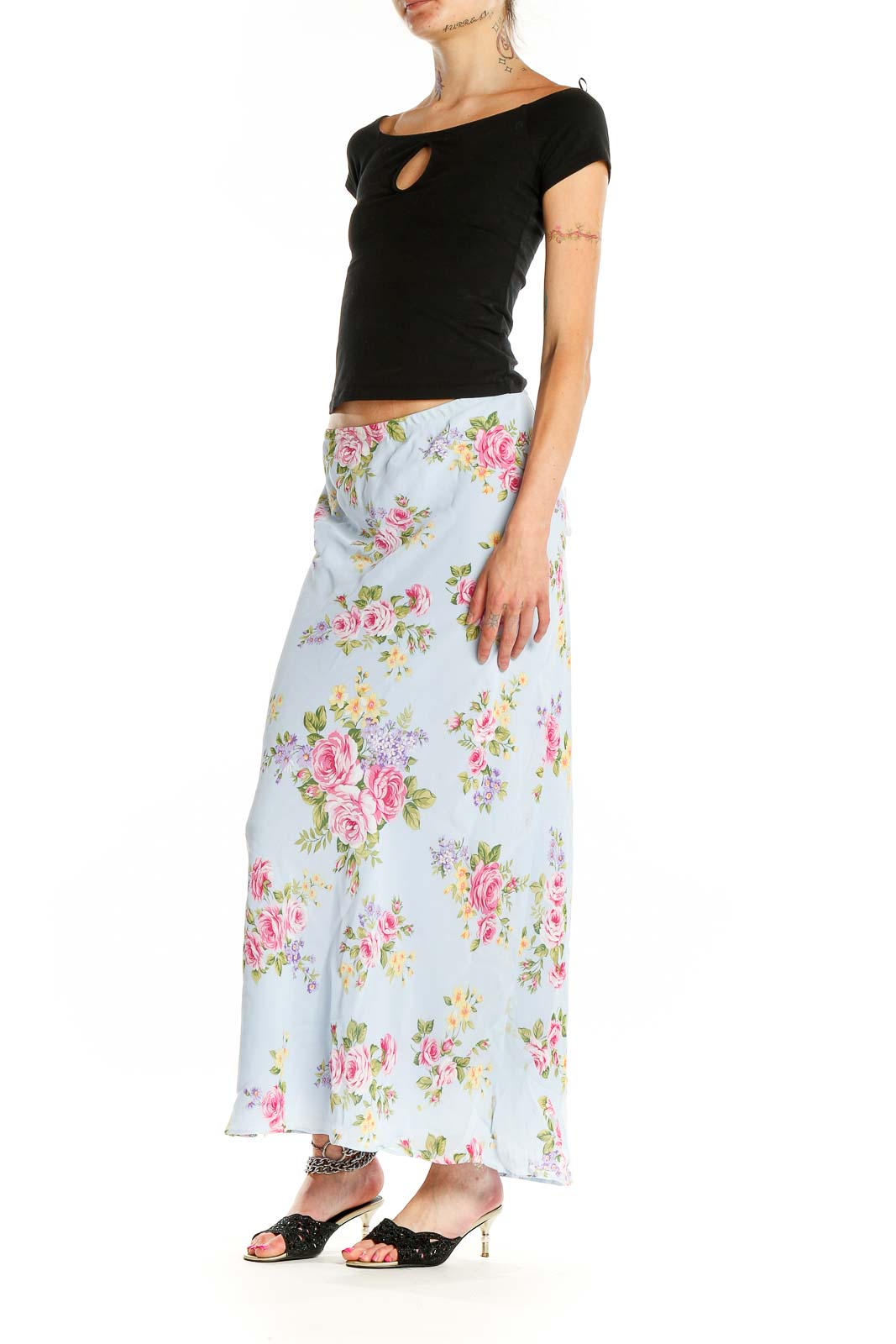 Blue Floral Print Maxi Skirt