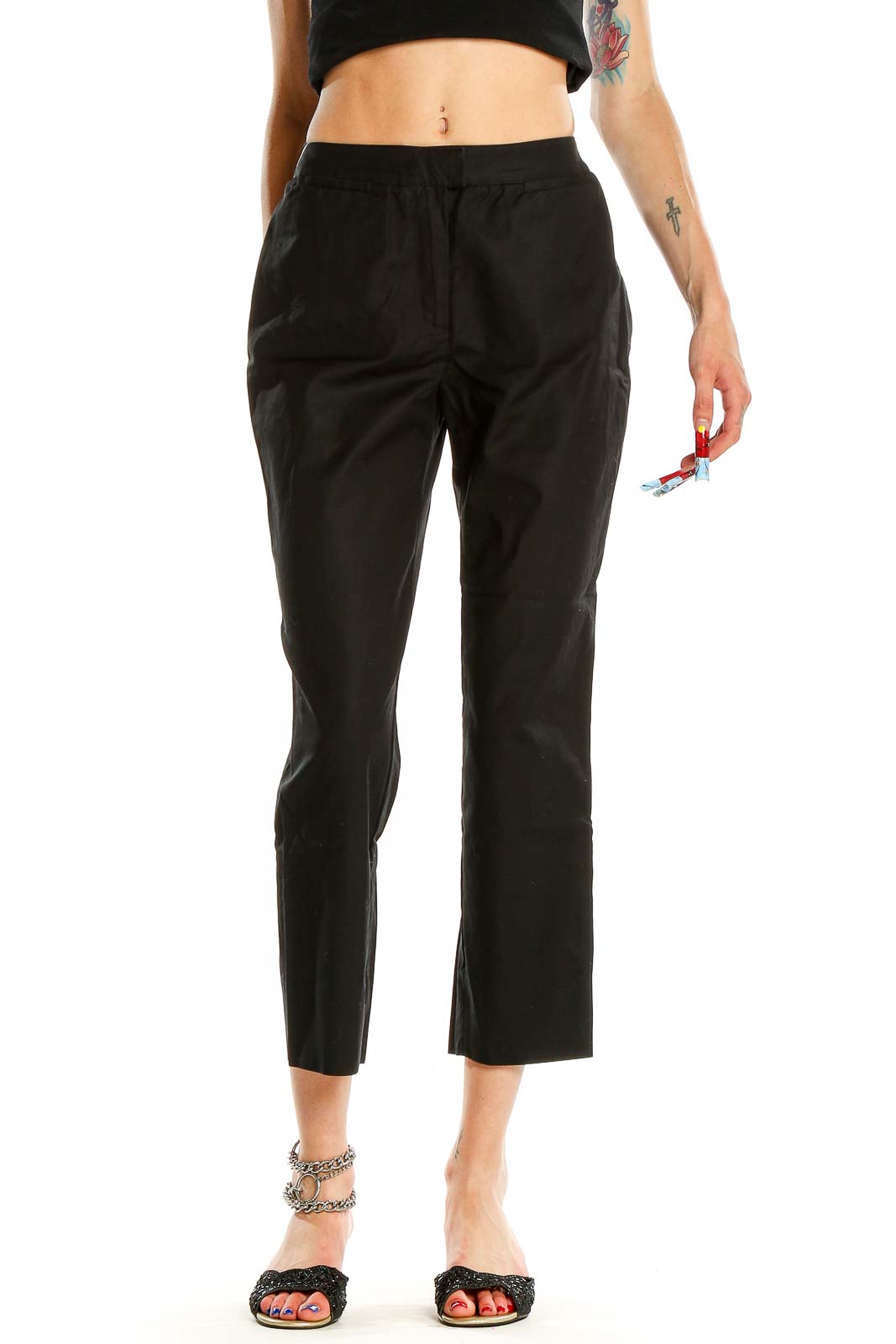 Front view of Piazza Sempione black cropped trousers on model