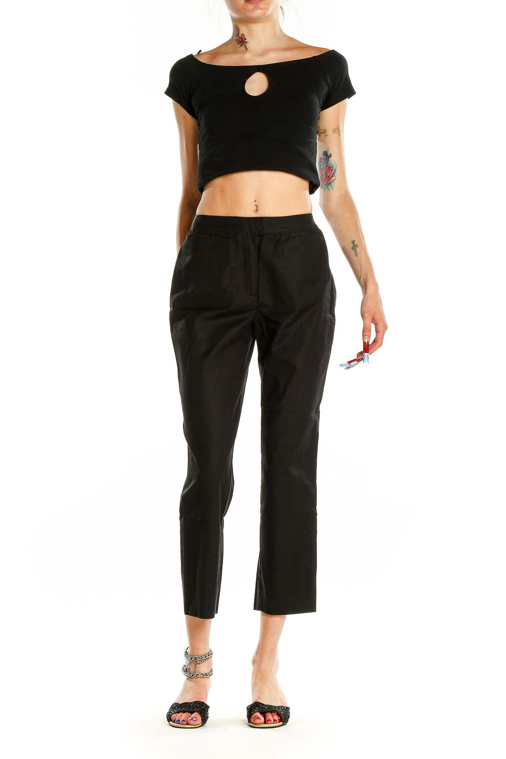 Front view of Piazza Sempione black cropped trousers on model