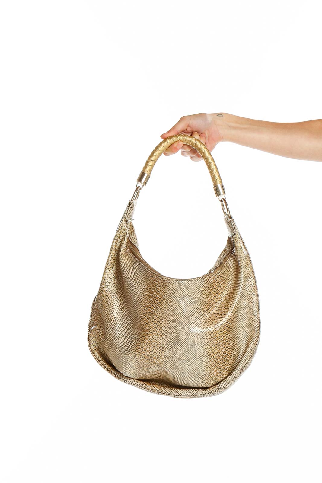 Front view of Dana Buchman gold snakeskin hobo shoulder bag