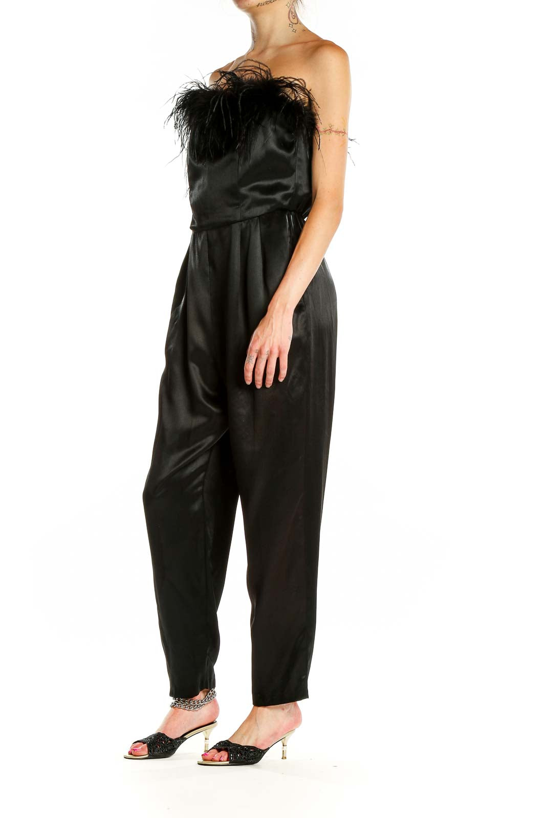 Black Feather Trim Vintage Jumpsuit