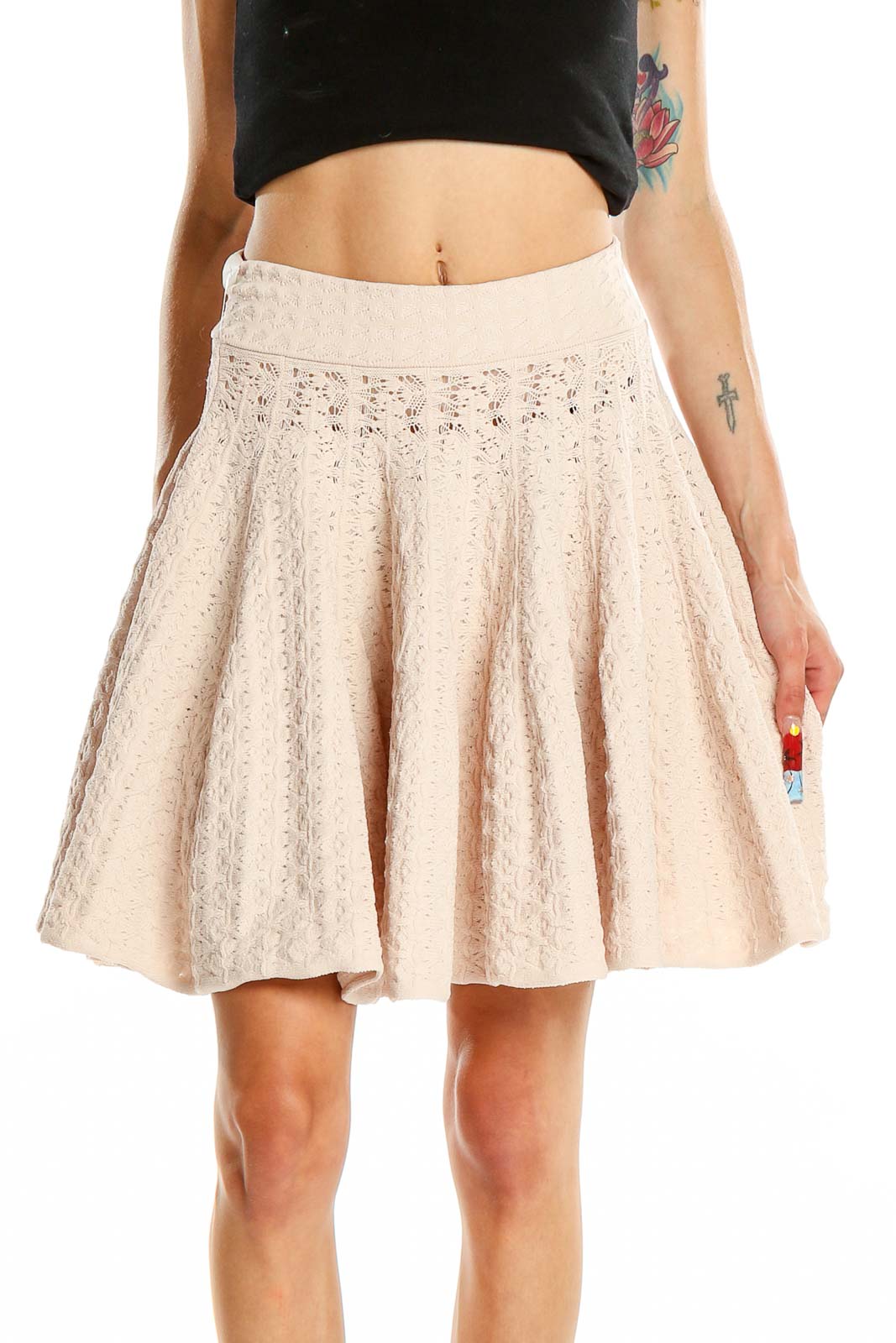 Front view of A.L.C. beige lace flared mini skirt