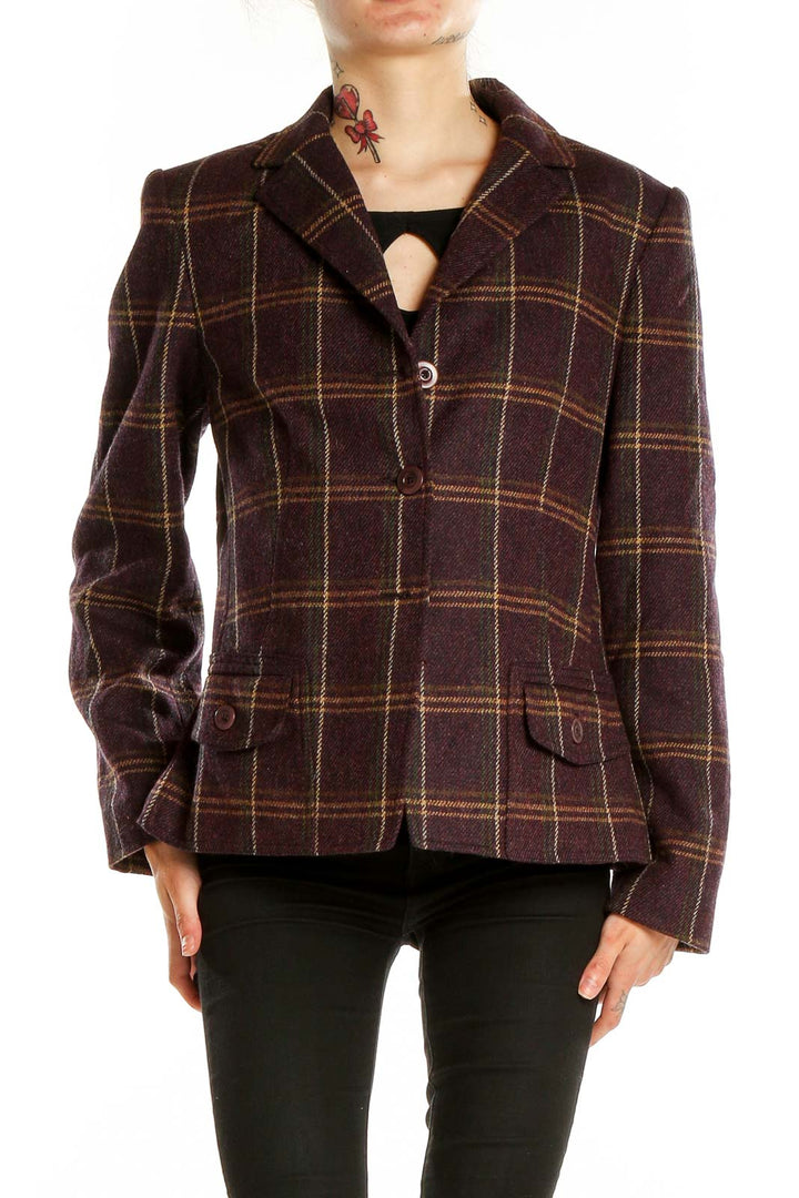 Front view of Talbots burgundy plaid wool blazer with three-button closure