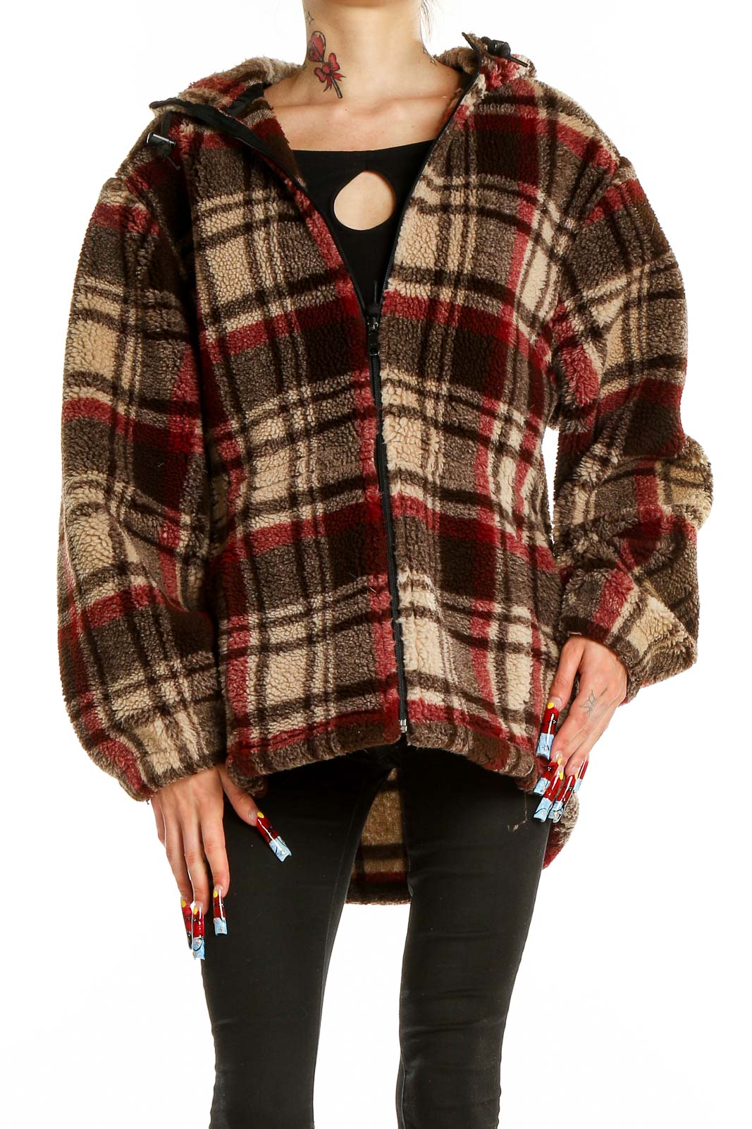 Front view of Woolrich brown plaid fleece hooded coat with zipper closure