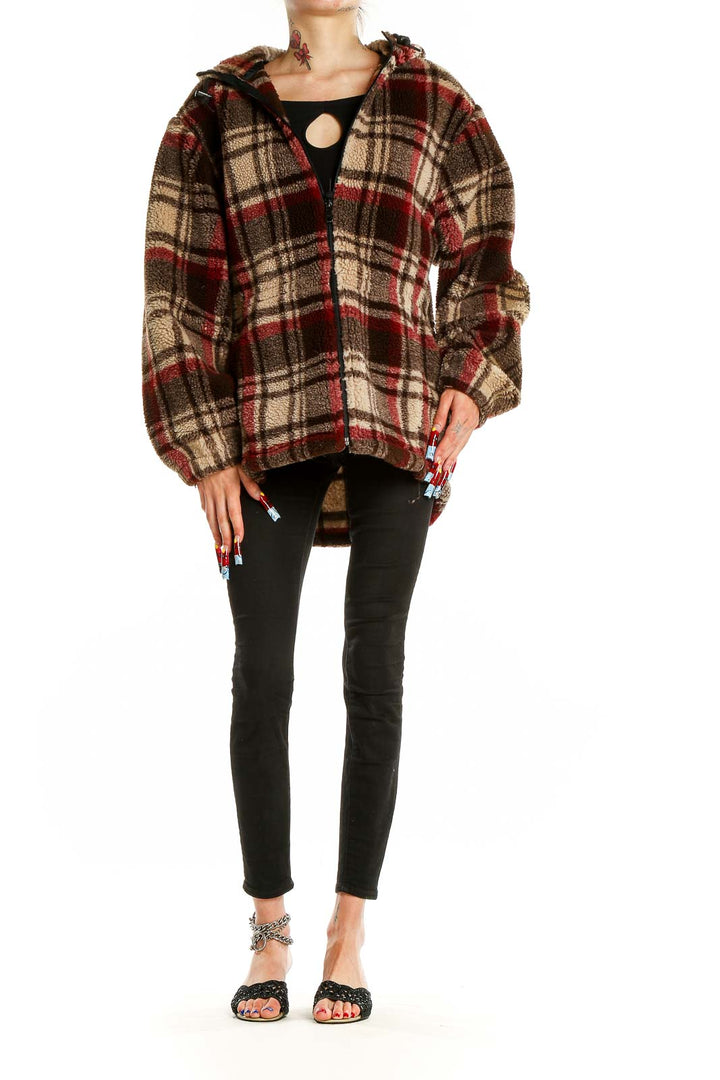 Front view of Woolrich brown plaid fleece hooded coat with zipper closure