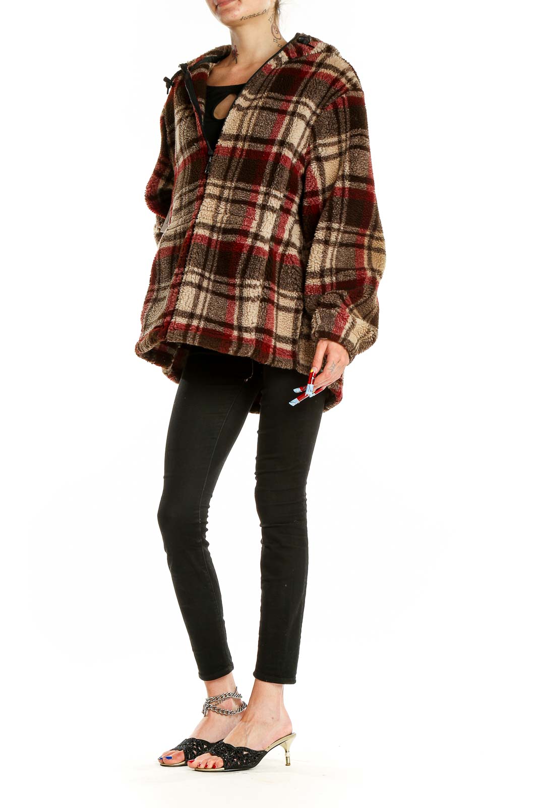 Front view of Woolrich brown plaid fleece hooded coat with zipper closure