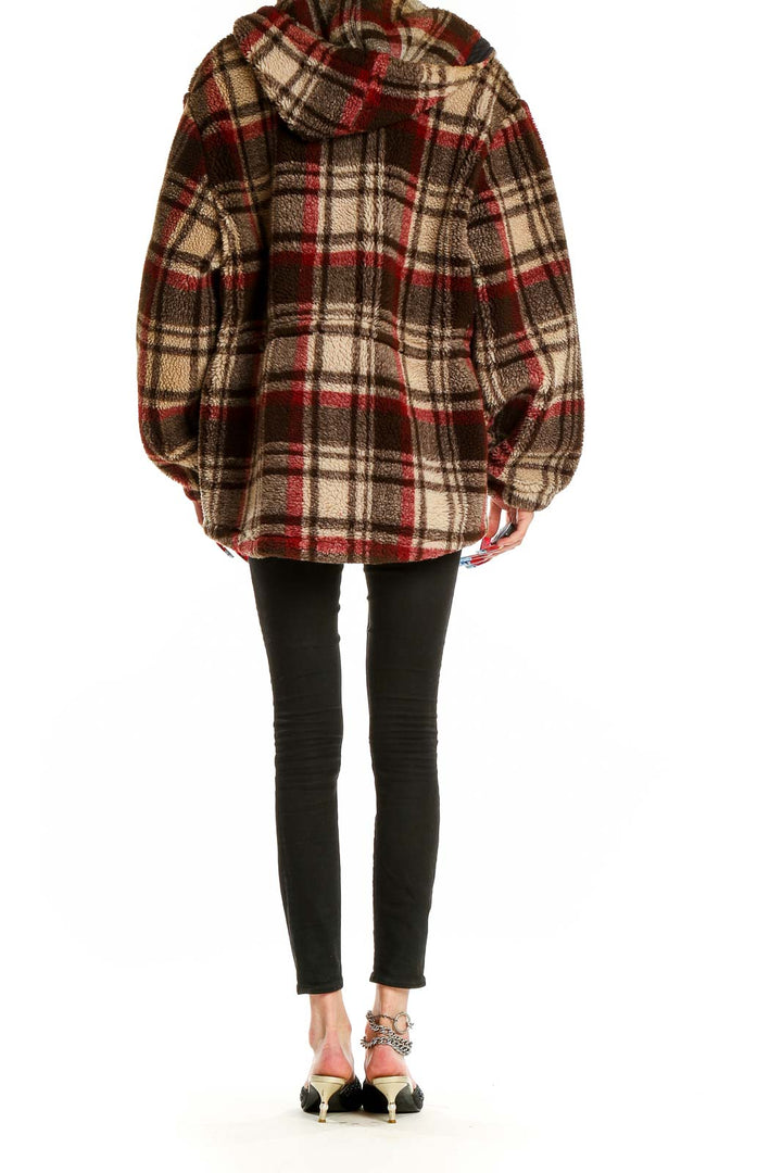 Back view of Woolrich brown plaid fleece hooded coat showing oversized fit