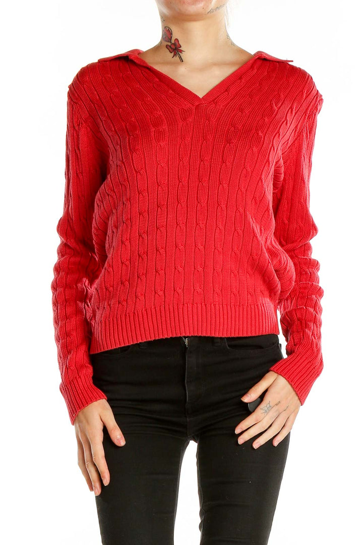 Front view of red cable knit V-neck sweater by JNY Jones New York Signature