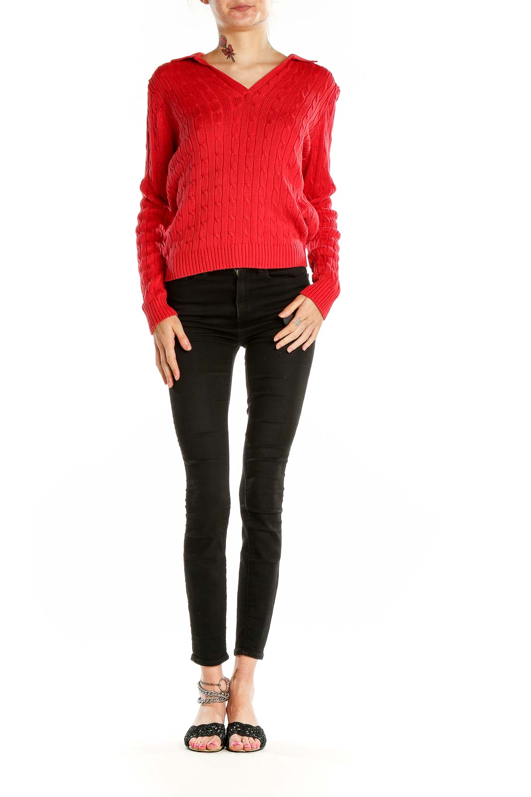 Front view of red cable knit V-neck sweater by JNY Jones New York Signature