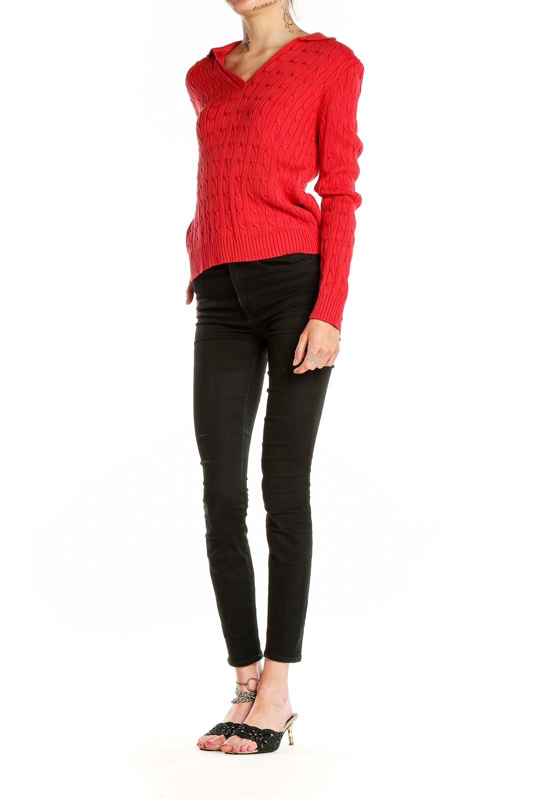 Front view of red cable knit V-neck sweater by JNY Jones New York Signature