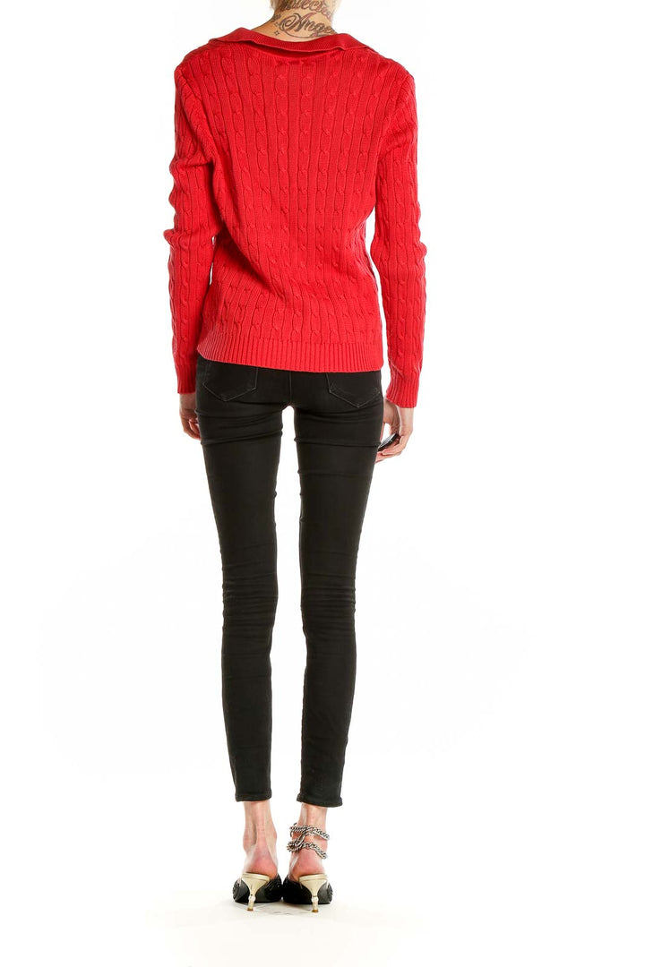 Side view of red cable knit V-neck sweater by JNY Jones New York Signature on model