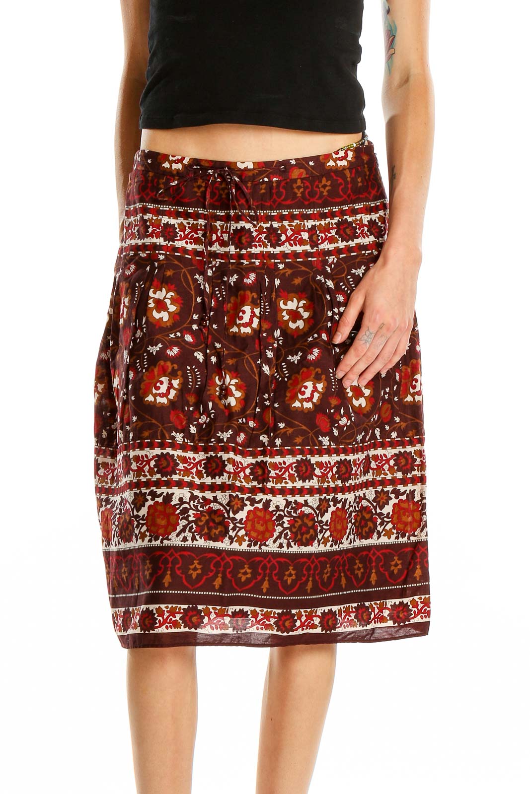 Front view of Ann Taylor brown floral print A-line midi skirt