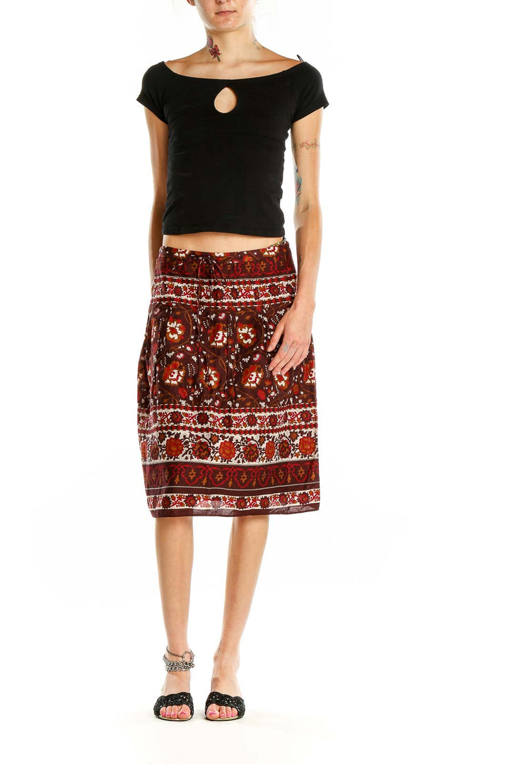 Front view of Ann Taylor brown floral print A-line midi skirt