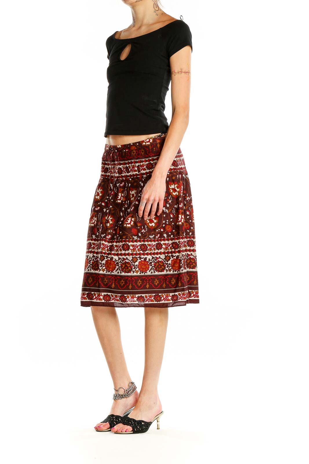 Front view of Ann Taylor brown floral print A-line midi skirt