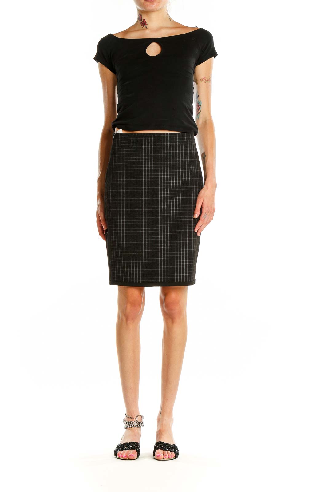 Black Checkered Classic Pencil Skirt