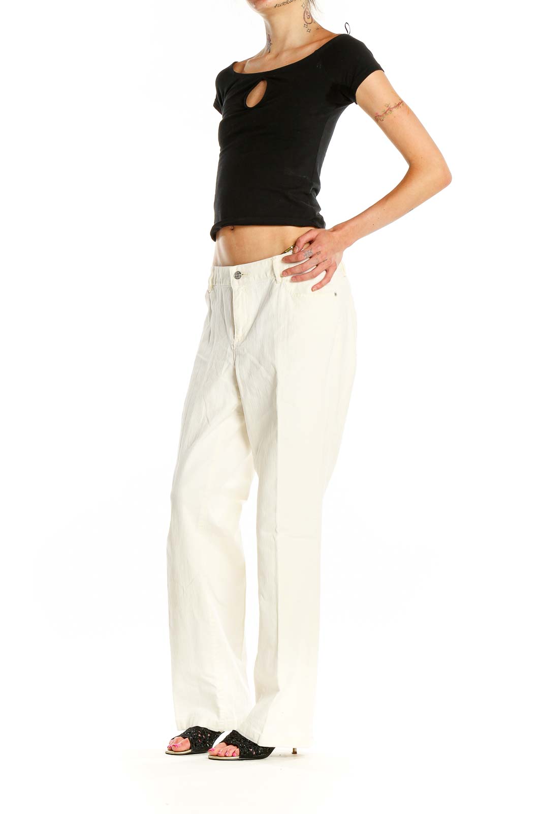 Front view of MICHAEL Michael Kors white wide-leg linen blend pants