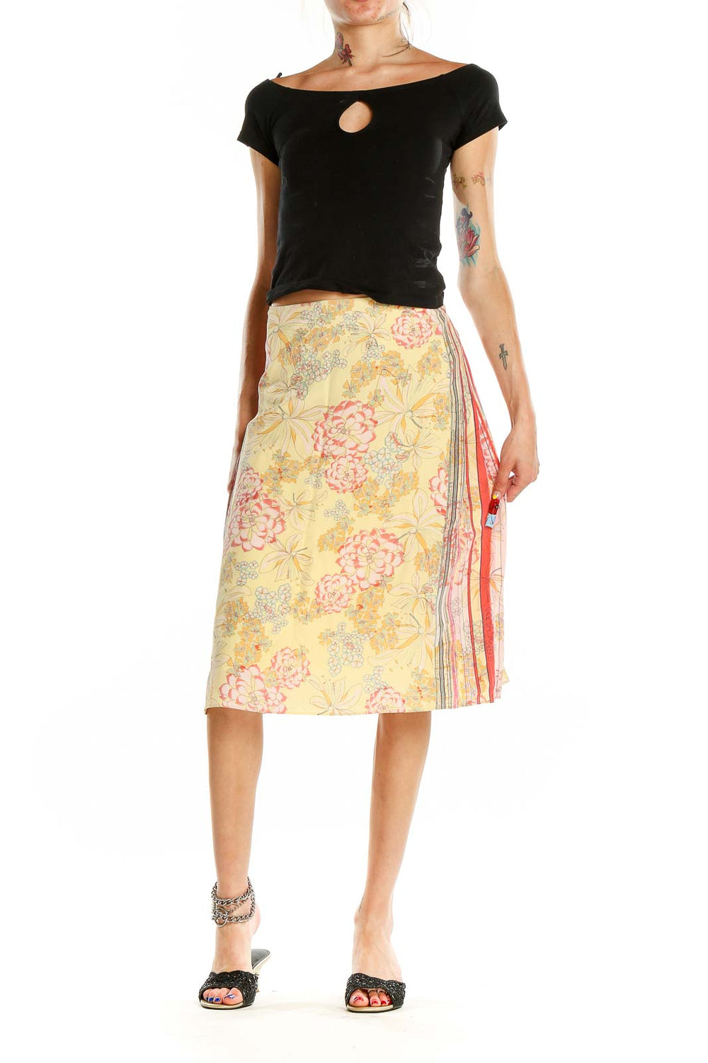 Front view of St. John Sport yellow floral print midi skirt with striped side panel