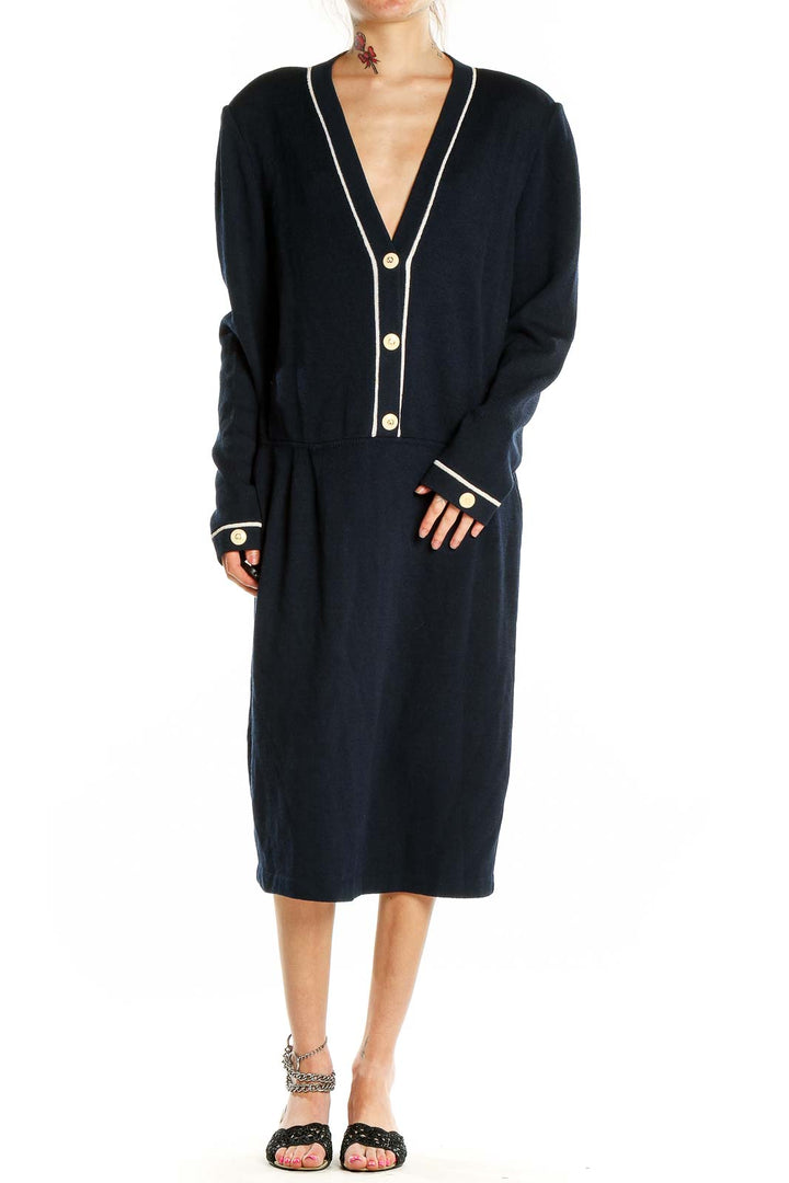 Front view of St. John navy midi dress with button-front and white piping