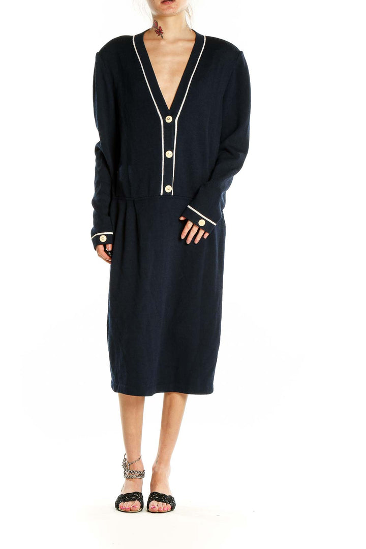 Front view of St. John navy midi dress with button-front and white piping